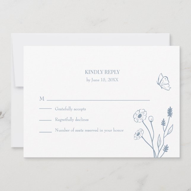 Dusty Blue Wildblumen und Butterfiles RSVP Card Einladung (Vorderseite)
