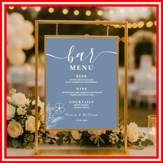 Dusty Blue Wildblumen Wedding Bar Menu Poster (Von Creator hochgeladen)
