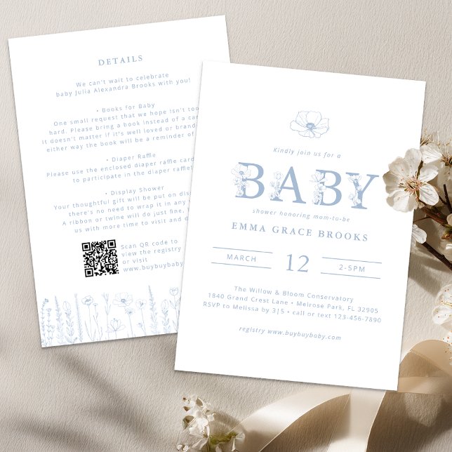 Dusty Blue Wildflower Baby Shower All-in-One Einladung (Dusty Blue Baby Shower Invite)