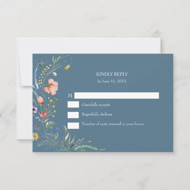Dusty Blue Wildflower Meadow Wedding RSVP Card (Vorderseite)