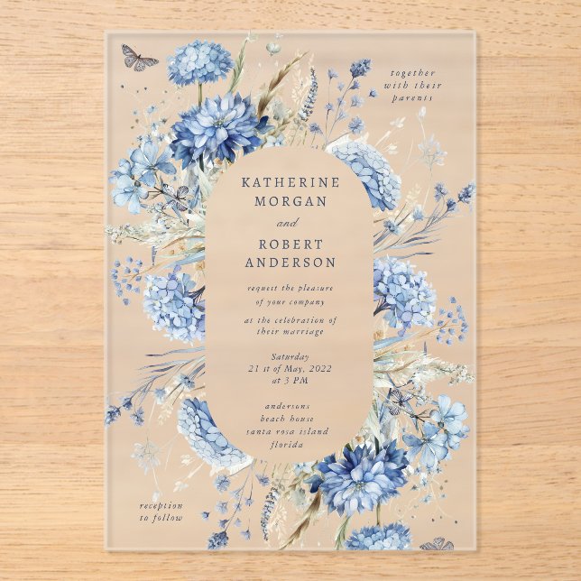 Dusty Blue Wildflower Wedding Invitation Acryleinladungen (Vorderseite)