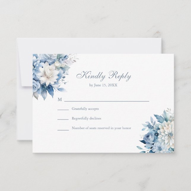 Dusty Blue Wildflower Wedding RSVP White Back Karte (Vorderseite)