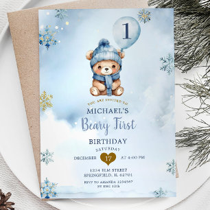 Dusty Blue Winter Beary Erster Geburtstag Snowflak Einladung