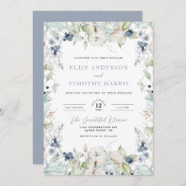 Dusty Blue Winter Floral Frame Wedding Einladung