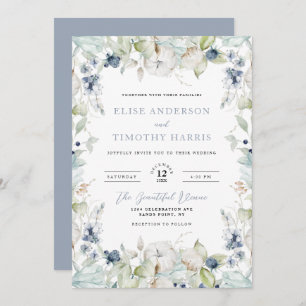 Dusty Blue Winter Floral Frame Wedding Einladung