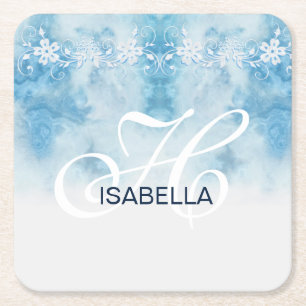 Dusty Blue Winter Script Calligraphy Monogram Rechteckiger Pappuntersetzer