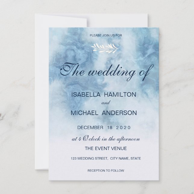 Dusty Blue Winter Script Calligraphy White Branch Einladung (Vorderseite)