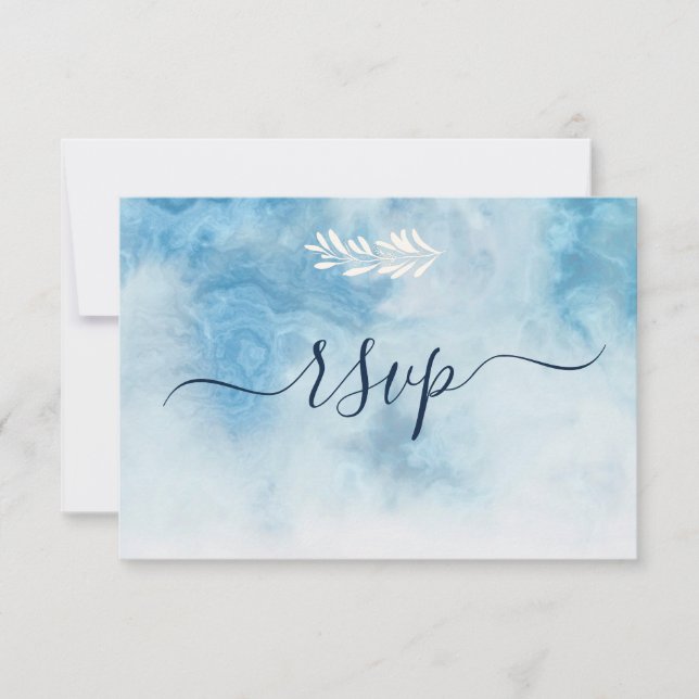 Dusty Blue Winter Script Calligraphy White Branch RSVP Karte (Vorderseite)