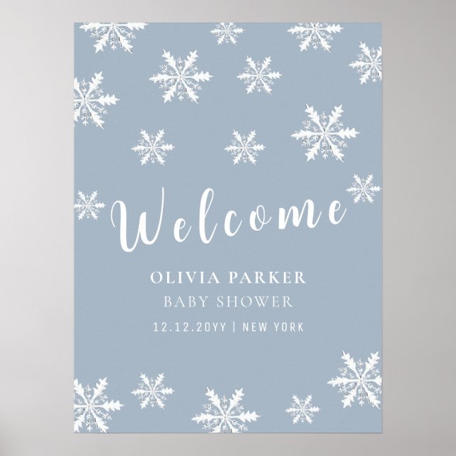 Dusty Blue Winter Snow Baby Dusche Willkommenspend Poster (Vorne)