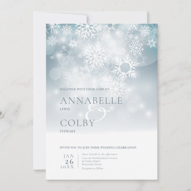 Dusty Blue Winter Snow Modern Wedding Einladung (Vorderseite)
