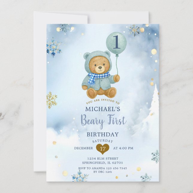 Dusty Blue Winter Snowflake Beary First Birthday Einladung (Vorderseite)