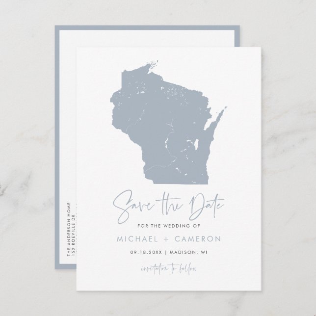 Dusty Blue Wisconsin Karte QR-Code Save the Date (Vorne/Hinten)