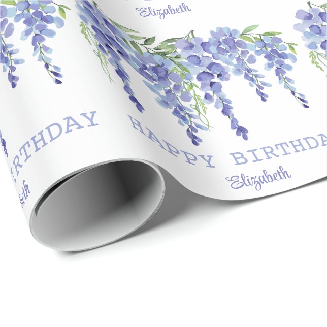 Dusty Blue Wisteria Floral Happy Birthday Geschenkpapier (Rolleneckpunkt)