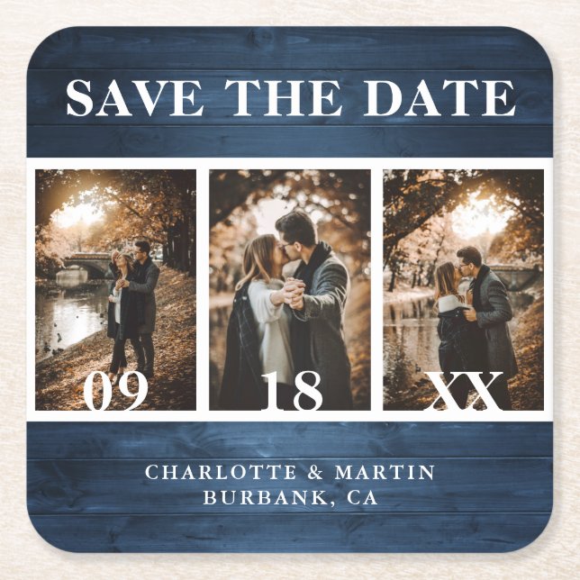 Dusty Blue Wood Wedding Foto Save the Date Rechteckiger Pappuntersetzer (Vorderseite)