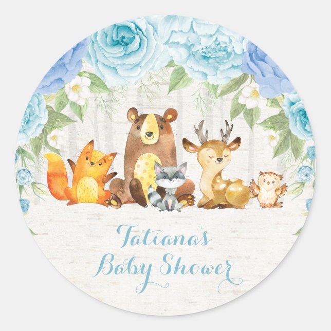 Dusty Blue Woodland Baby Animals Vielen Dank Runder Aufkleber (Vorderseite)