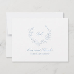 Dusty Blue Wreath Monogram Foto Elegante Hochzeit Dankeskarte