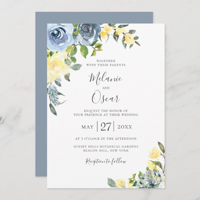 Dusty Blue & Yellow Botanical Floral Wedding Einladung (Vorne/Hinten)