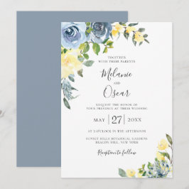 Dusty Blue & Yellow Botanical Floral Wedding Einladung