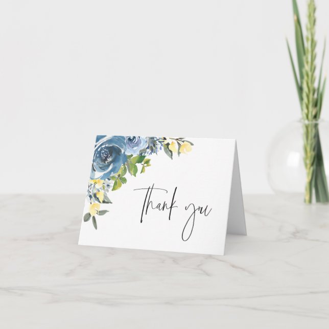 Dusty Blue Yellow Botanical Vielen Dank Dankeskarte (Vorderseite)
