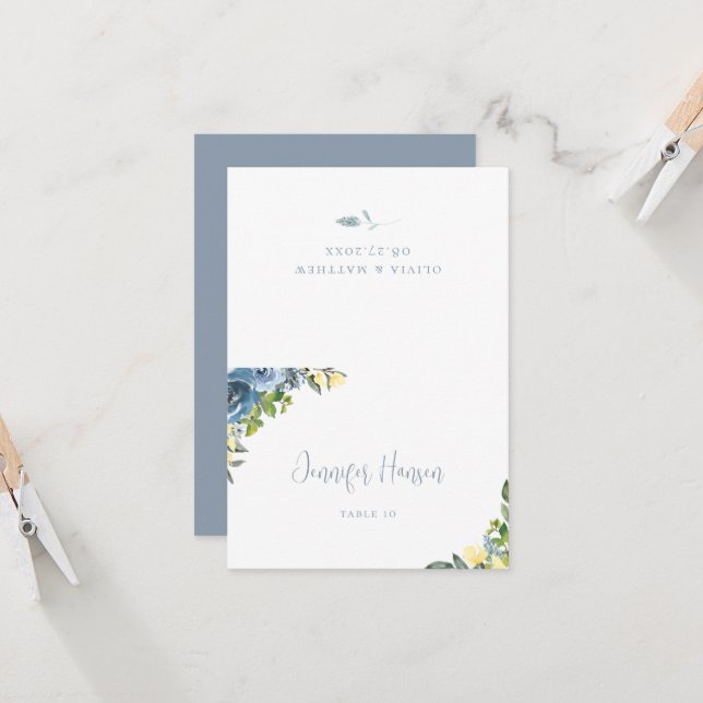 Dusty Blue Yellow Botanical Wedding Platzkarte (Vorderseite/Rückseite Beispiel)