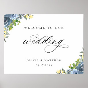 Dusty Blue Yellow Botanical Wedding Welcome Poster