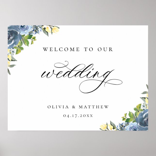 Dusty Blue Yellow Botanical Wedding Welcome Poster (Vorne)