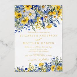 Dusty Blue Yellow Daisy Wildflowers Boho Wedding Folieneinladung