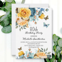 Dusty Blue Yellow Floral Butterflies 80. Geburtsta Einladung