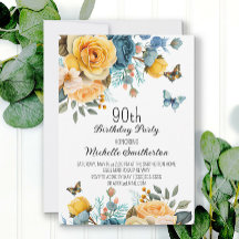 Dusty Blue Yellow Floral Butterflies 90. Geburtsta