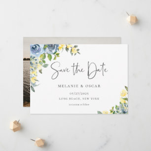 Dusty Blue Yellow Floral Foto Save the Date Ankündigung