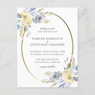 Dusty Blue & Yellow Floral Oval | Elegante Hochzei Einladungspostkarte