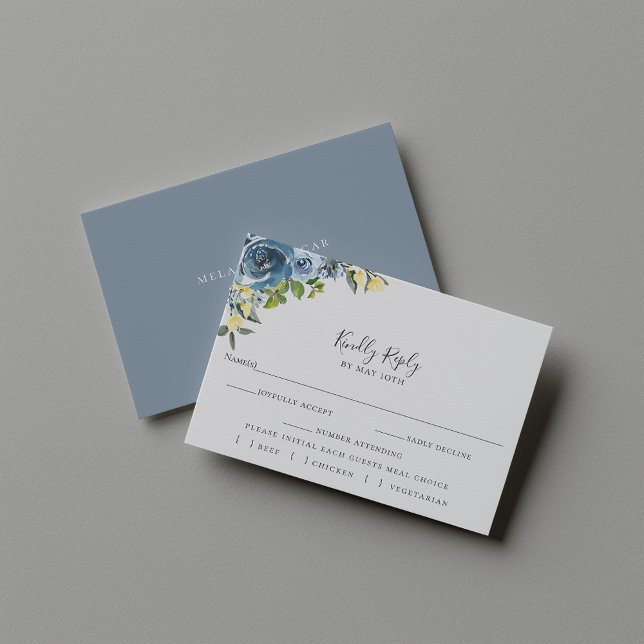 Dusty Blue Yellow Floral Wedding RSVP Meal Choice Karte (Von Creator hochgeladen)
