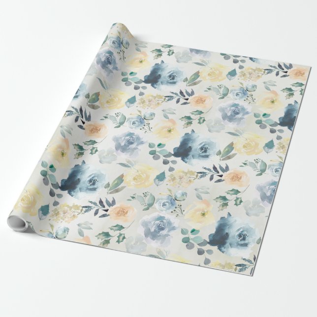 Dusty Blue & Yellow Peony Eucalyptus Floral Garden Geschenkpapier (Ungerollt)