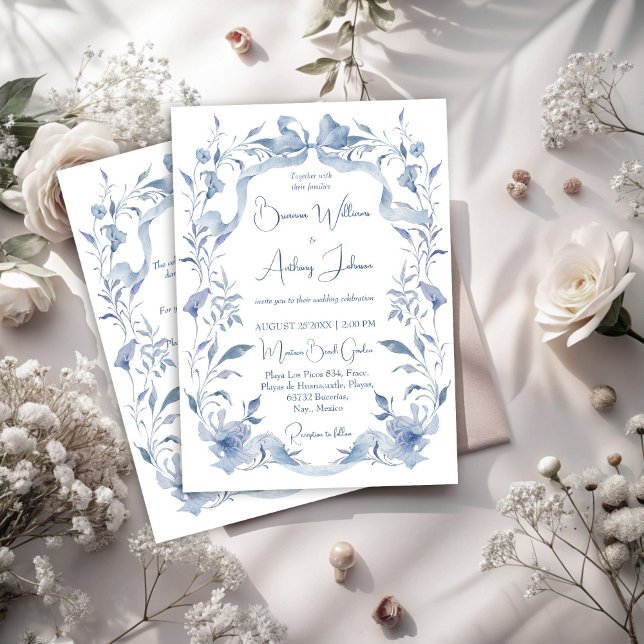 Dusty blühende Grünband Elegante Hochzeit Einladung (Dusty blue floral greenery ribbon elegant wedding invitation cards with RSVP)