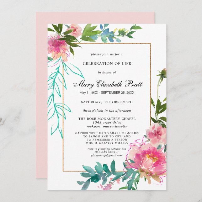 Dusty Blush Pink Blumenfeier des Lebens Invita Einladung (Vorne/Hinten)