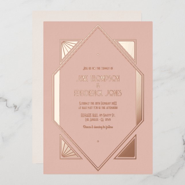 Dusty Blush & Rose Gold Gatsby Art Deco Wedding Folieneinladung (Vorderseite/Rückseite)