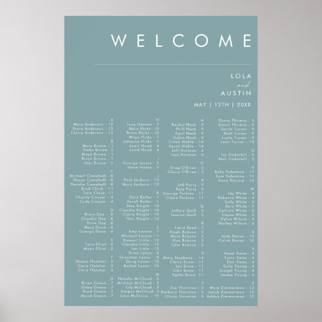 Dusty Boho | Blue Alphabetification Seating Chart Poster (Vorne)