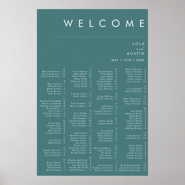 Dusty Boho | Green Alphabetic Seating Chart Poster (Vorne)