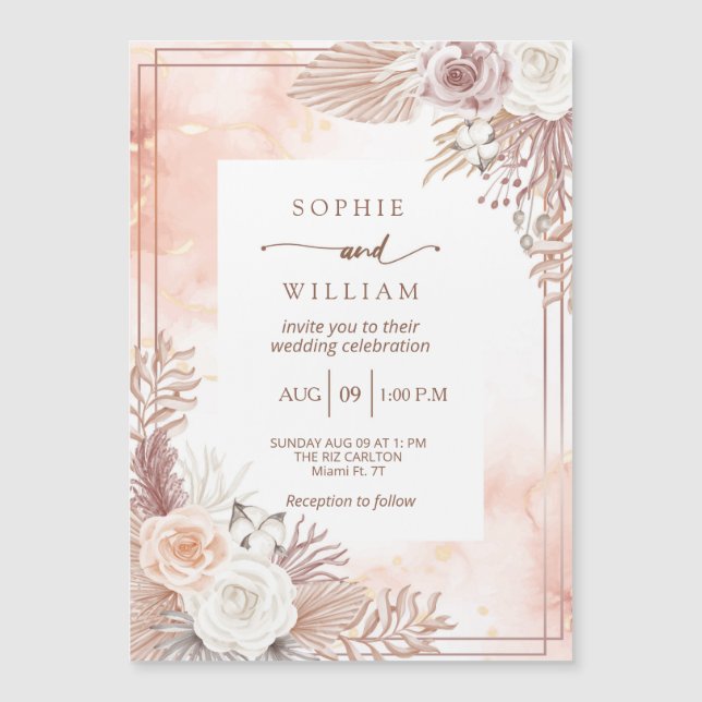 Dusty Boho Lignt rosa Rosen Hochzeit Magneteinladung (Vorderseite)
