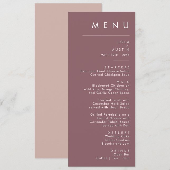 Dusty Boho | Lila Speisekarte für Hochzeiten und R Menükarte (Vorne/Hinten)