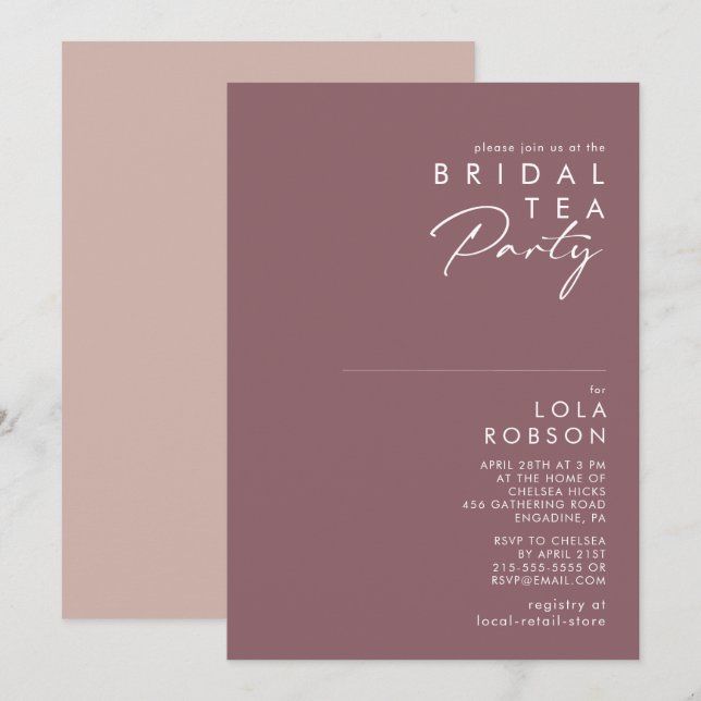 Dusty Boho | Lila und Rose Bridal Tee Party Einladung (Vorne/Hinten)