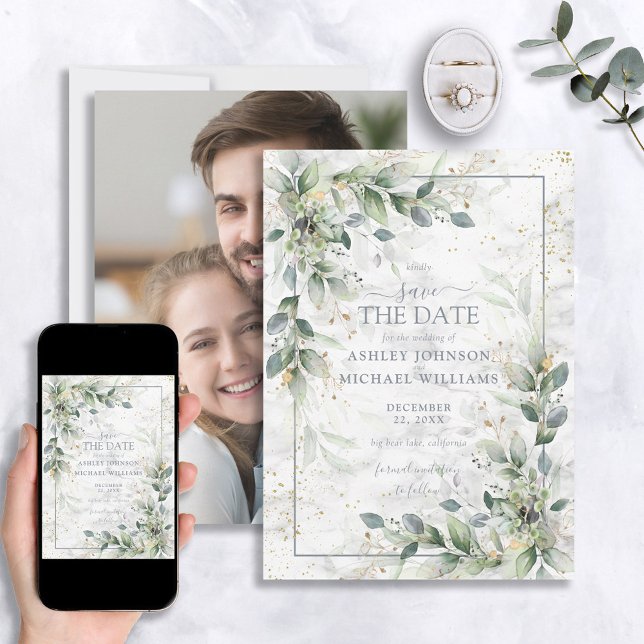 Dusty Botanical Greenerity Gold Foto Save the Date (Von Creator hochgeladen)