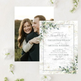 Dusty Botanical Greenerity Gold Foto Wedding Einladung