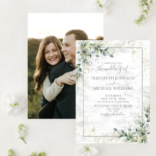 Dusty Botanical Greenerity Gold Foto Wedding Einladung