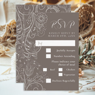 Dusty Brown Elegant Floral Wedding Meal Choice RSVP Karte