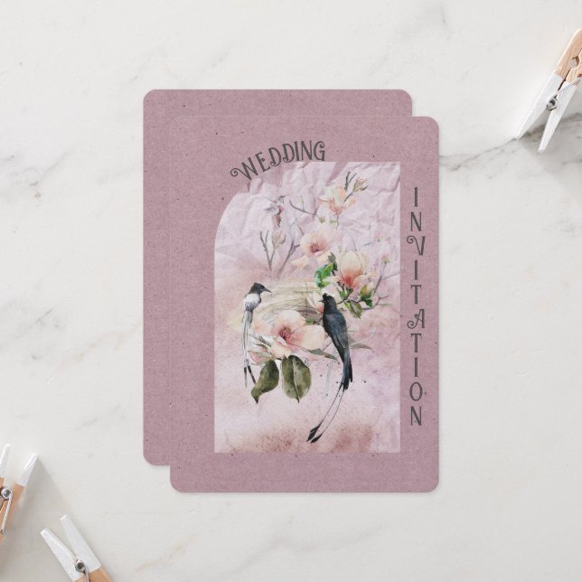 Dusty Burgund Magnolia Blüten und Hochzeiten von V Einladung (Vorderseite/Rückseite Beispiel)