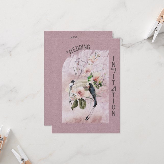 Dusty Burgund Magnolia Blüten und Hochzeiten von V Einladung (Vorderseite/Rückseite Beispiel)