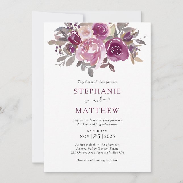 Dusty Burgundy Blush Botanical Wedding Einladung (Vorderseite)
