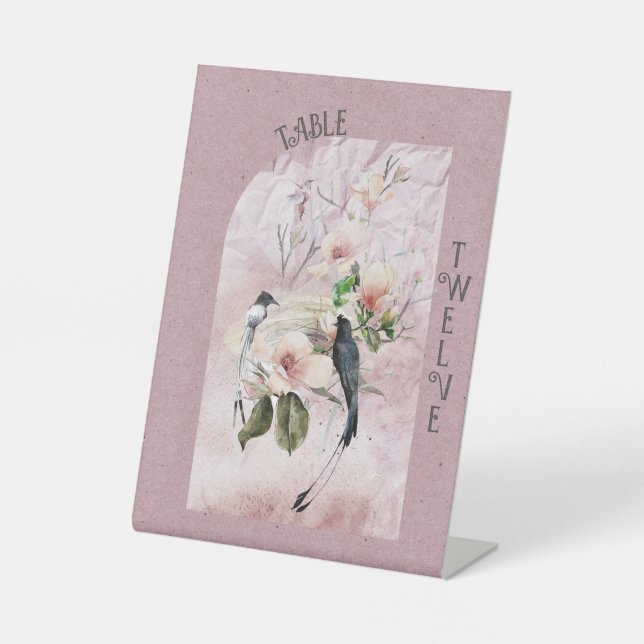 Dusty Burgundy Magnolia Blüten und Vögel Sockelschild (Vorderseite)