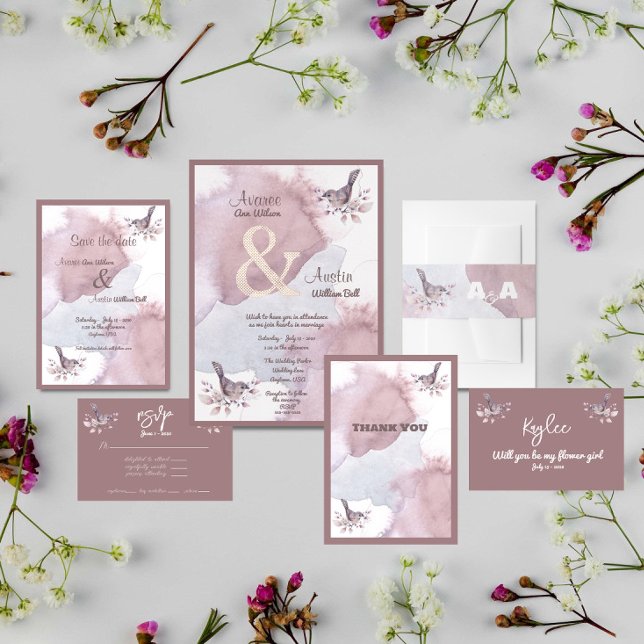 Dusty Burgundy Wasserfarbe und Rose Gold Ampersand Folieneinladung (Some products included in the wedding suite collection)